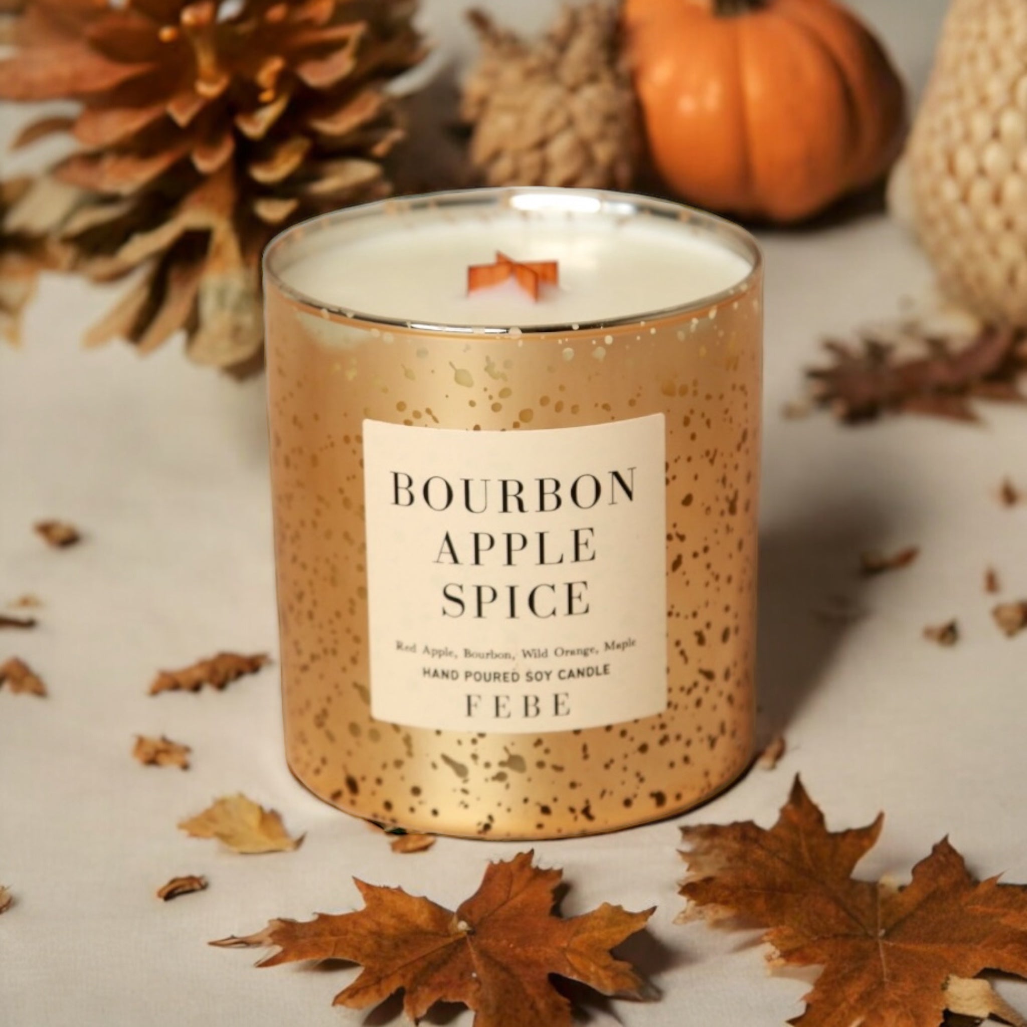 Bourbon Apple Spice - Warm Spices + Bourbon 10oz Gold Glass Candle
