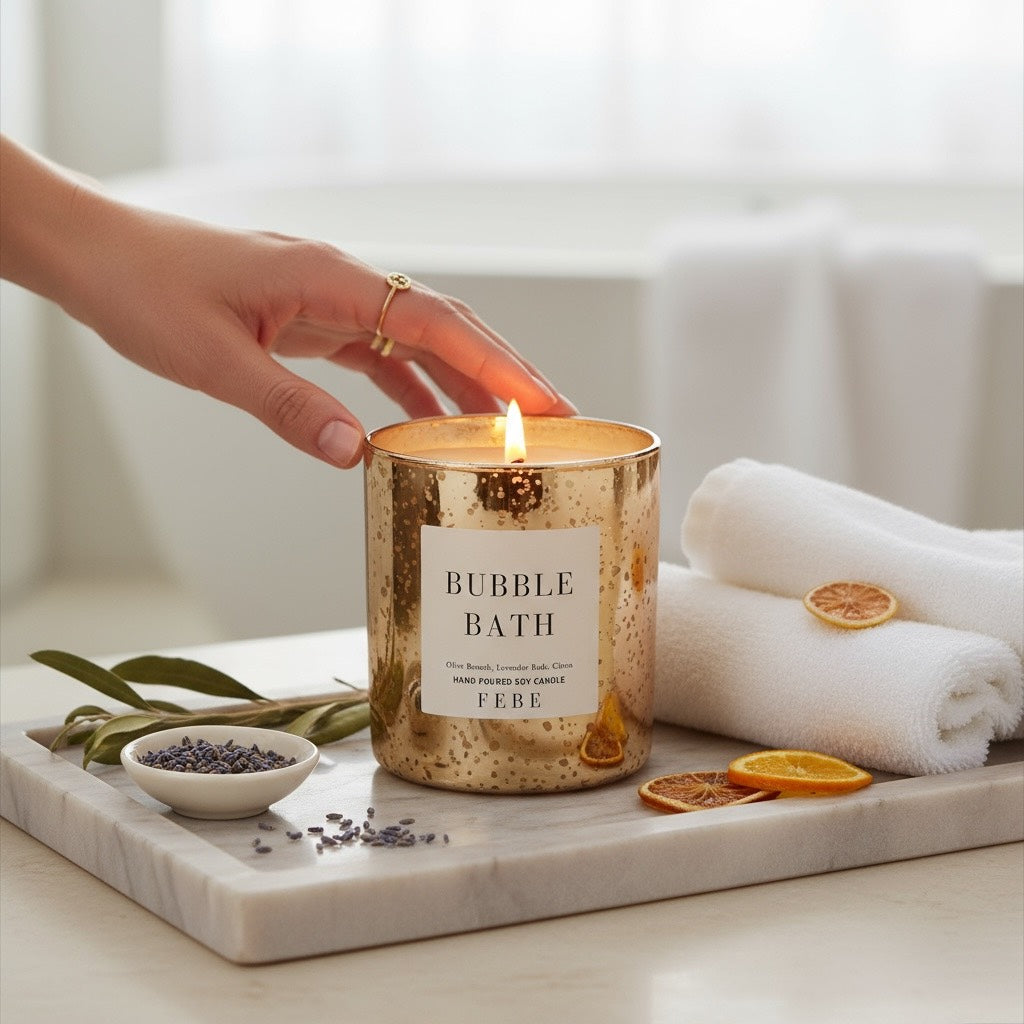 Bubble Bath- Lavender + Olive Branch 10oz Gold Glass Candle