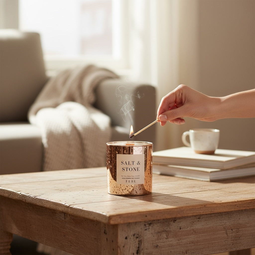 Salt & Stone - Oakmoss + Lavender 10 oz Gold Glass Candle