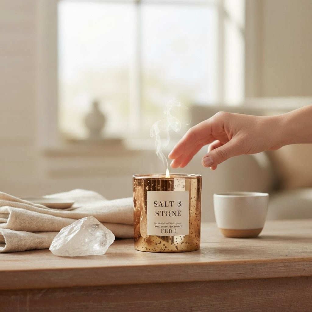 Salt & Stone - Oakmoss + Lavender 10 oz Gold Glass Candle