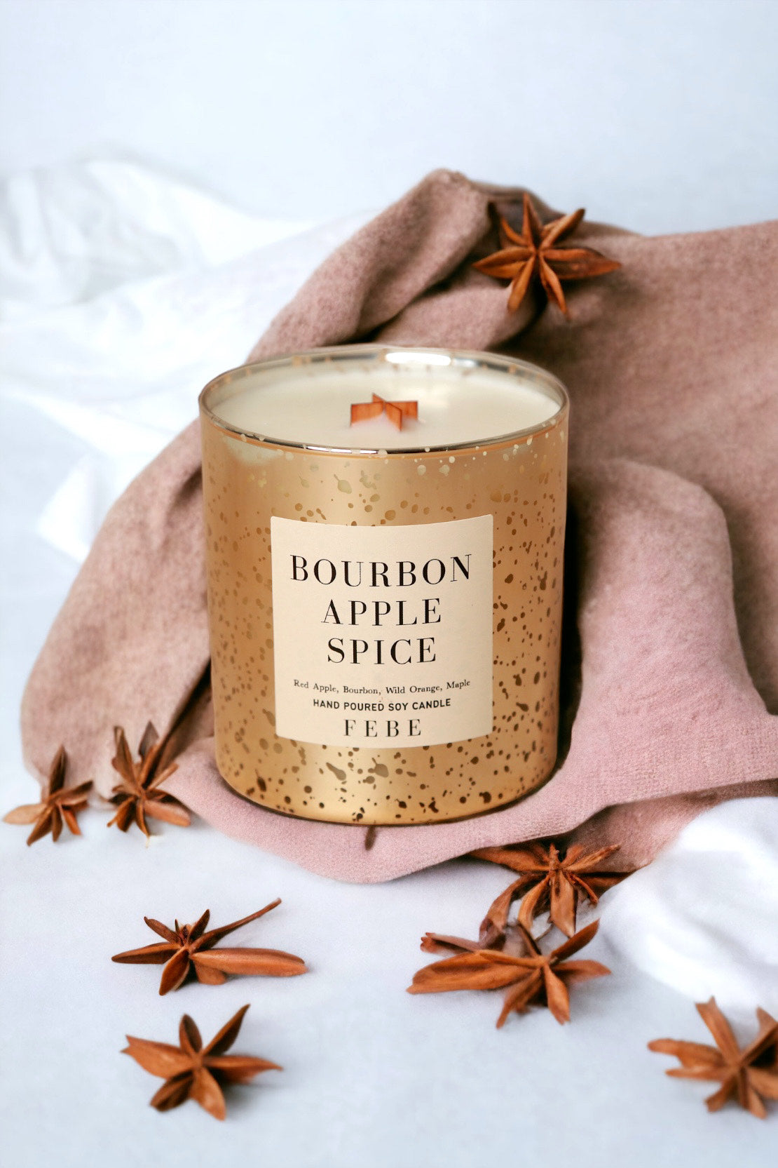 Bourbon Apple Spice - Warm Spices + Bourbon 10oz Gold Glass Candle