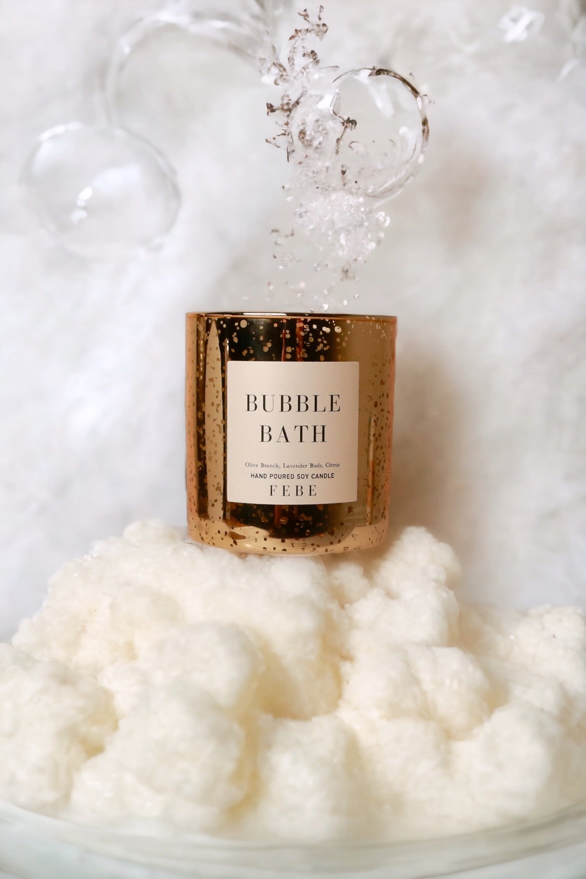 Bubble Bath- Lavender + Olive Branch 10oz Gold Glass Candle - FEBE Candles