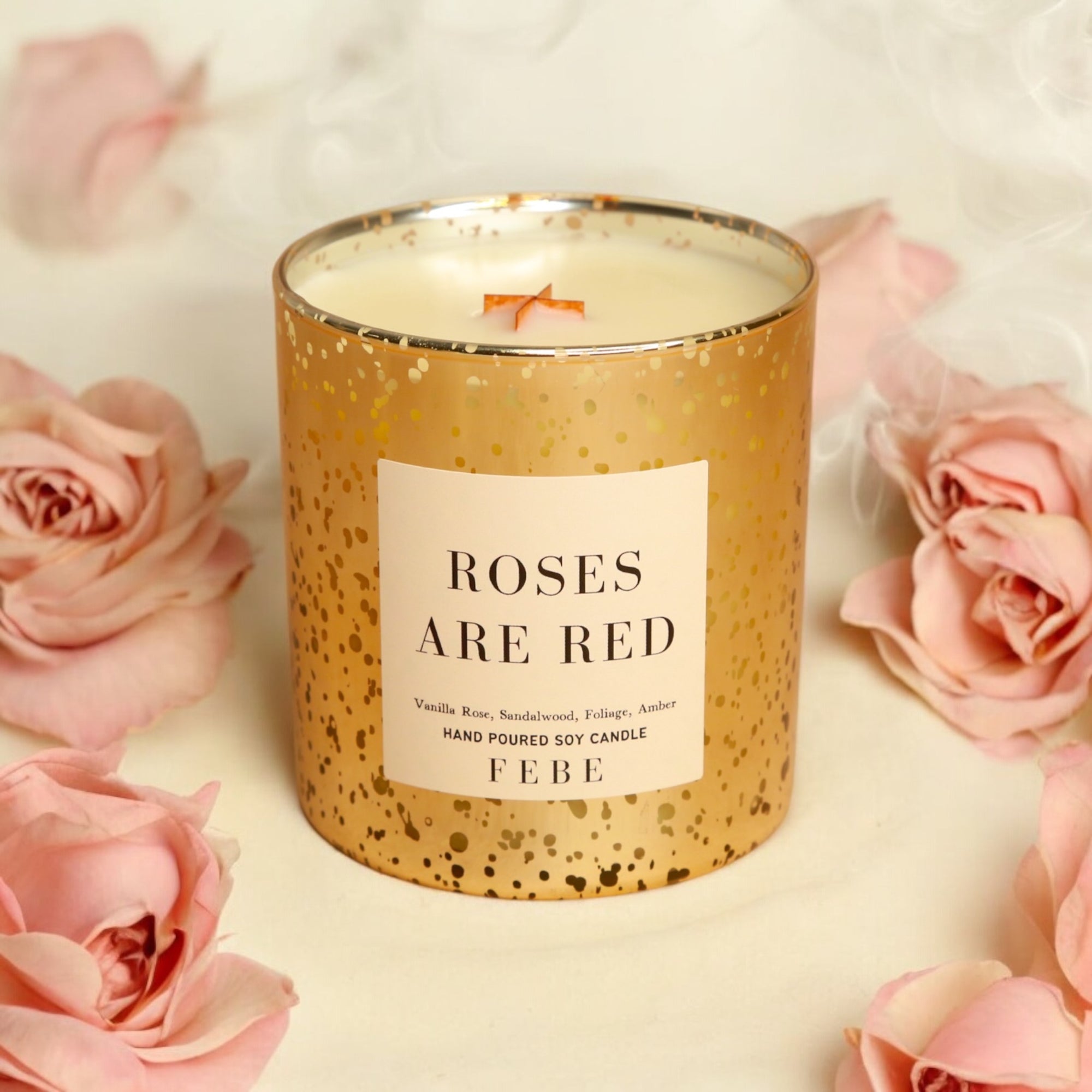 Roses Are Red- Vanilla Rose & Amber 10oz Gold Glass Candle