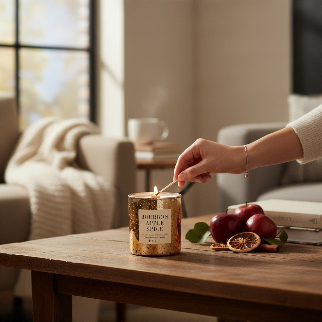 Bourbon Apple Spice - Warm Spices + Bourbon 10oz Gold Glass Candle