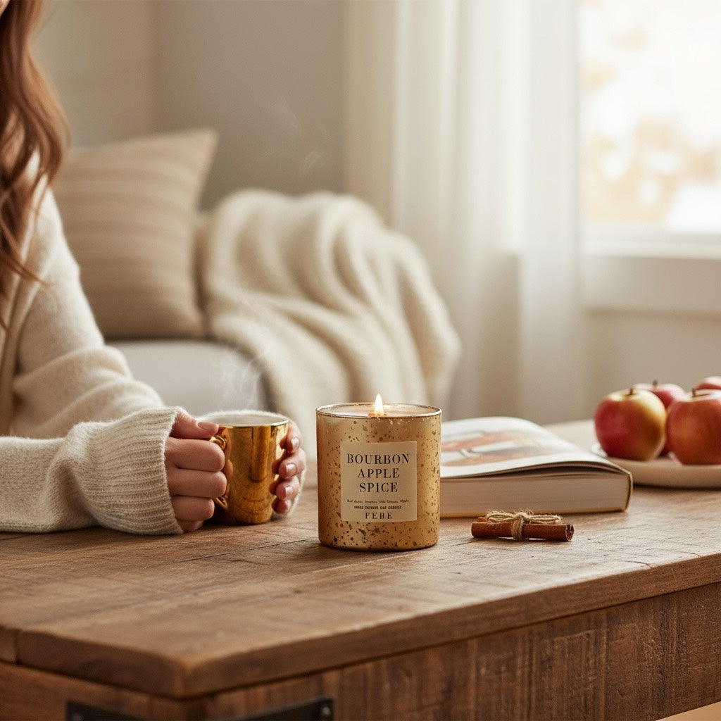 Bourbon Apple Spice - Warm Spices + Bourbon 10oz Gold Glass Candle