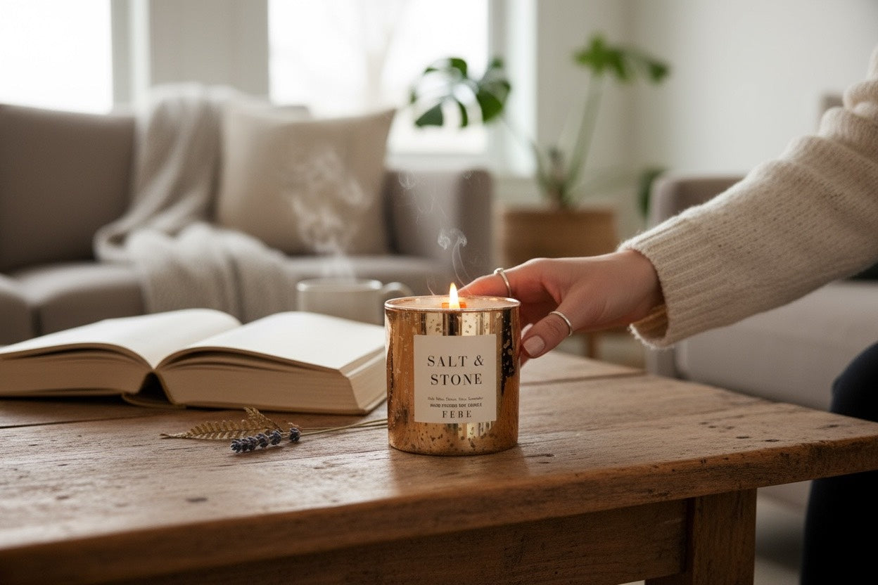 Salt & Stone - Oakmoss + Lavender 10 oz Gold Glass Candle